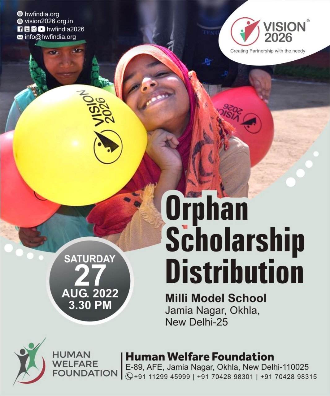 Orphan Scholarship Distribution 3.30 PM Saturday 27 Aug 2022 Milli Model School, Jamia Nagar, Okhla, New Delhi